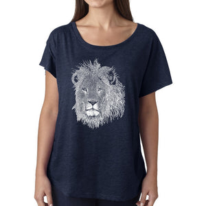LA Pop Art Women's Loose Fit Dolman Cut Word Art Shirt - Lion