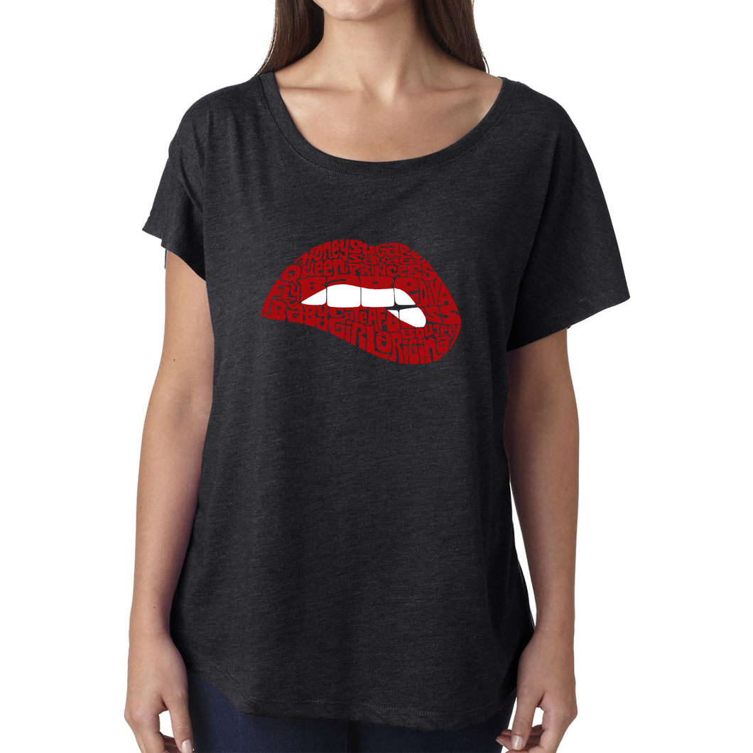 LA Pop Art Women's Dolman Word Art Shirt - Savage Lips