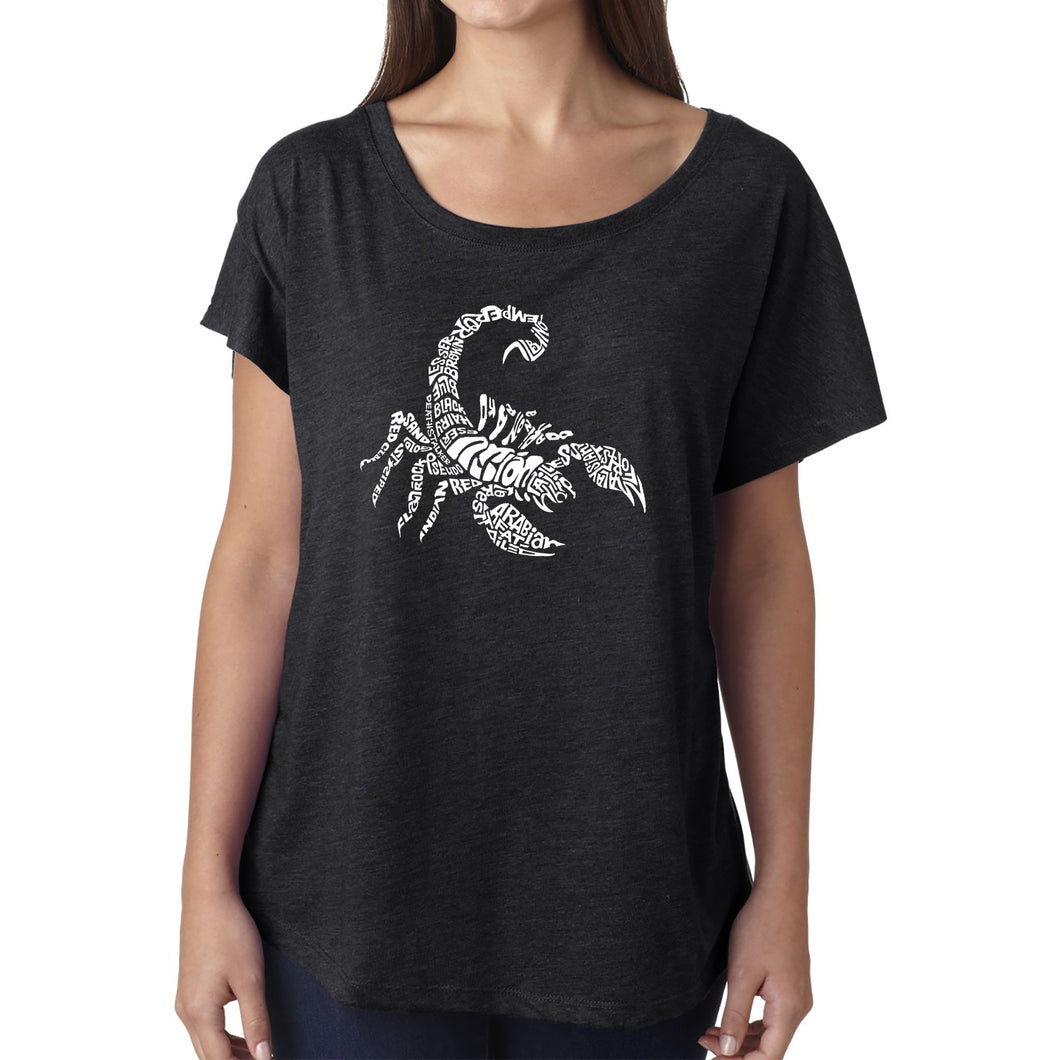 LA Pop Art Women's Dolman Word Art Shirt - Types of Scorpions
