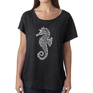 LA Pop Art Women's Dolman Word Art Shirt - Types of Seahorse