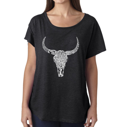 LA Pop Art Women's Dolman Word Art Shirt - Texas Skull