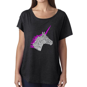 LA Pop Art Women's Dolman Word Art Shirt - Unicorn