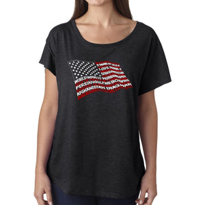 LA Pop Art Women's Dolman Cut Word Art Shirt - American Wars Tribute Flag