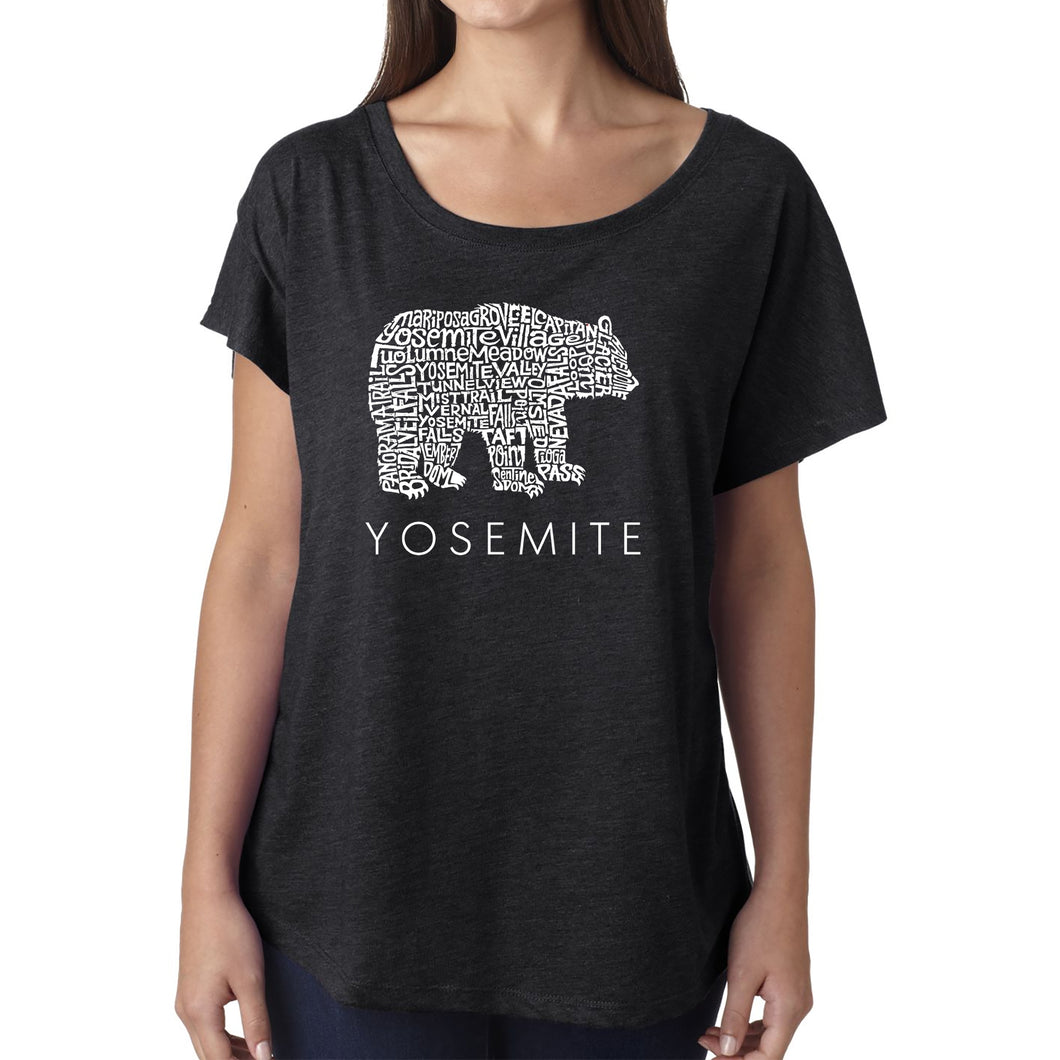 LA Pop Art Women's Dolman Word Art Shirt - Yosemite Bear