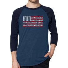 Load image into Gallery viewer, Men&#39;s Raglan Baseball Word Art T-shirt - Fireworks American Flag