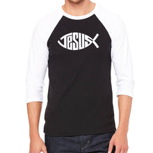 Load image into Gallery viewer, Christian Jesus Name Fish Symbol - Men&#39;s Raglan Baseball Word Art T-Shirt