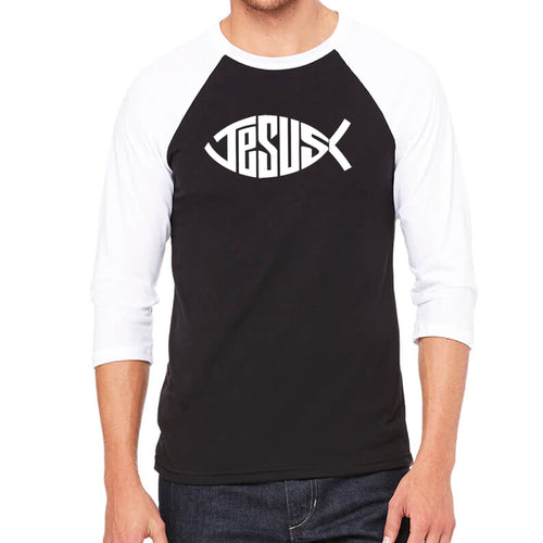 Christian Jesus Name Fish Symbol - Men's Raglan Baseball Word Art T-Shirt