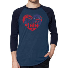 Load image into Gallery viewer, Men&#39;s Raglan Baseball Word Art T-shirt - July 4th Heart