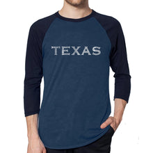 Load image into Gallery viewer, THE GREAT CITIES OF TEXAS - Men&#39;s Raglan Baseball Word Art T-Shirt