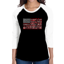 Load image into Gallery viewer, Women&#39;s Raglan Word Art T-shirt - Fireworks American Flag