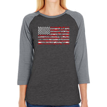 Load image into Gallery viewer, Women&#39;s Raglan Word Art T-shirt - Fireworks American Flag