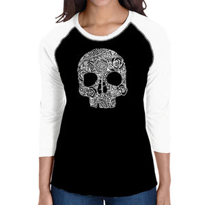Flower Skull  - Women's Raglan Word Art T-Shirt