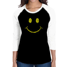 Load image into Gallery viewer, Be Happy Smiley Face  - Women&#39;s Raglan Word Art T-Shirt