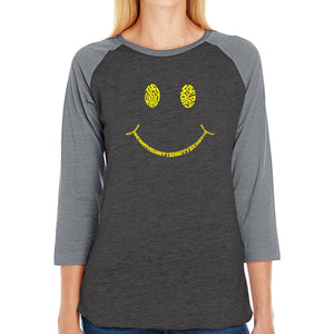 Be Happy Smiley Face  - Women's Raglan Word Art T-Shirt