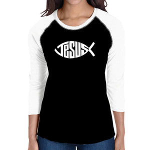 Christian Jesus Name Fish Symbol - Women's Raglan Baseball Word Art T-Shirt