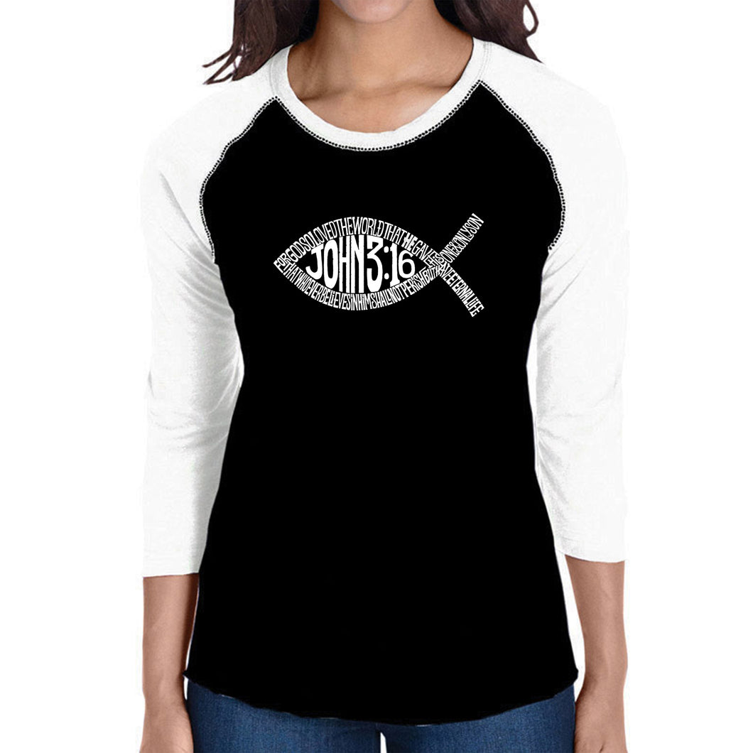 John 3:16 Fish Symbol - Women's Raglan Baseball Word Art T-Shirt