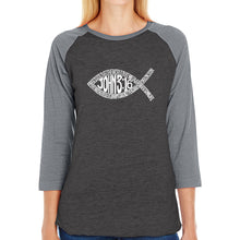 Load image into Gallery viewer, John 3:16 Fish Symbol - Women&#39;s Raglan Baseball Word Art T-Shirt