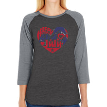 Load image into Gallery viewer, Women&#39;s Raglan Word Art T-shirt - July 4th Heart