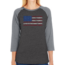 Load image into Gallery viewer, Land of the Free American Flag  - Women&#39;s Raglan Word Art T-Shirt