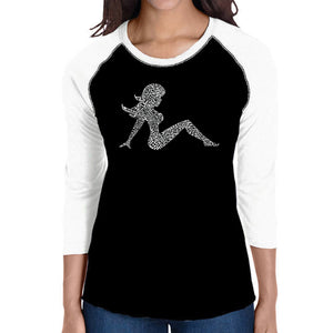 Mudflap Girl Keep on Truckin - Women's Raglan Baseball Word Art T-Shirt
