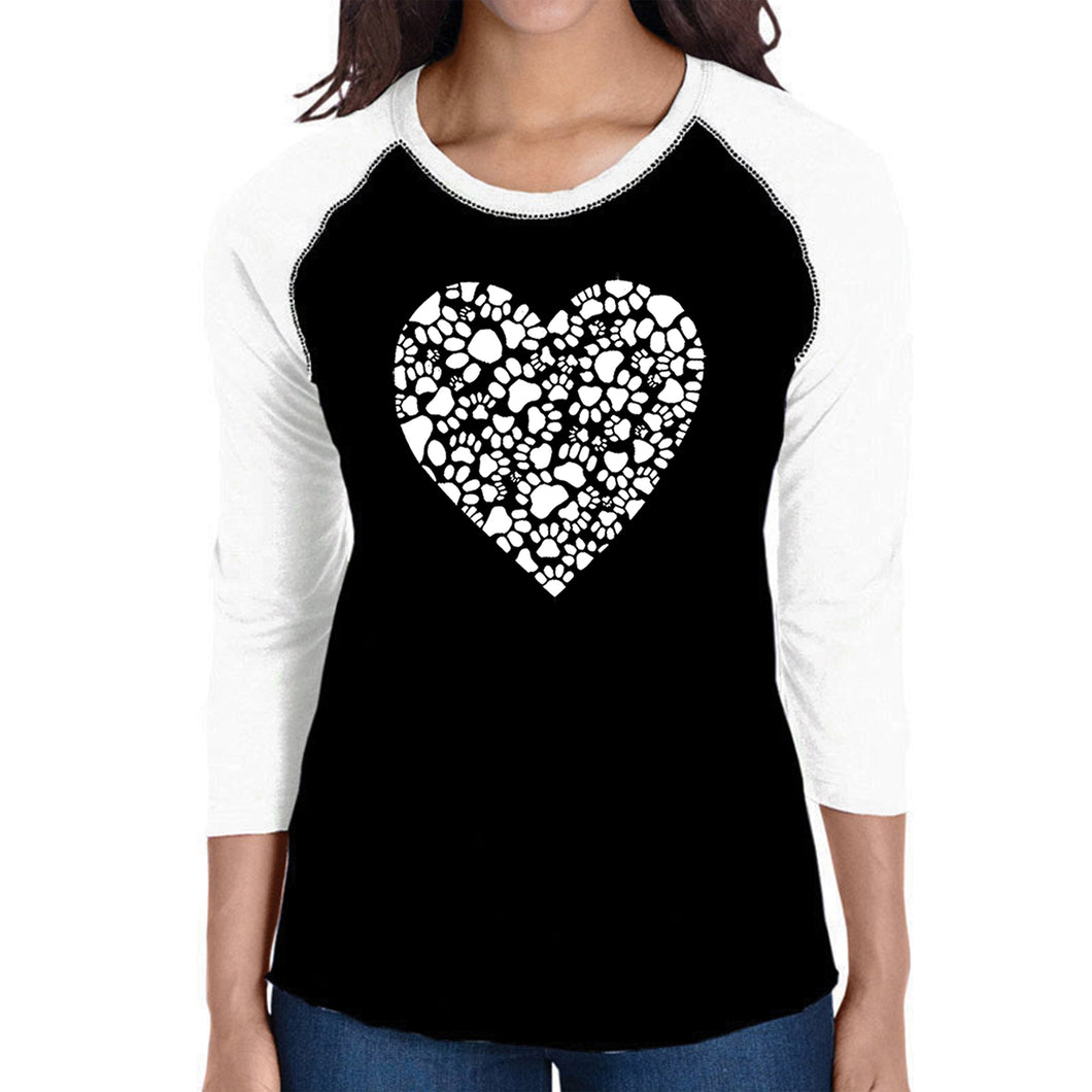 Paw Prints Heart  - Women's Raglan Baseball Word Art T-Shirt