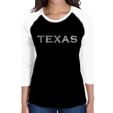 Load image into Gallery viewer, THE GREAT CITIES OF TEXAS - Women&#39;s Raglan Baseball Word Art T-Shirt