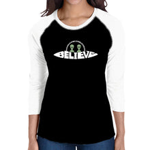 Load image into Gallery viewer, Believe UFO - Women&#39;s Raglan Word Art T-Shirt
