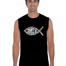 Load image into Gallery viewer, John 3:16 Fish Symbol -  Men&#39;s Word Art Sleeveless T-Shirt