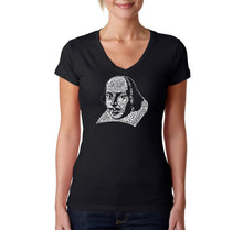 Load image into Gallery viewer, THE TITLES OF ALL OF WILLIAM SHAKESPEARE'S COMEDIES &amp; TRAGEDIES - Women's Word Art V-Neck T-Shirt