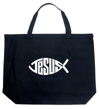 Load image into Gallery viewer, Christian Jesus Name Fish Symbol - Large Word Art Tote Bag