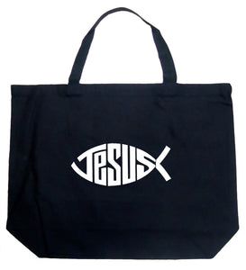 Jesus Fish - Large Word Art Tote Bag - Black