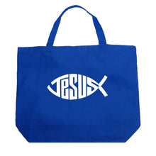 Load image into Gallery viewer, Christian Jesus Name Fish Symbol - Large Word Art Tote Bag