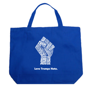 Love Trumps Hate Fist - Large Word Art Tote Bag