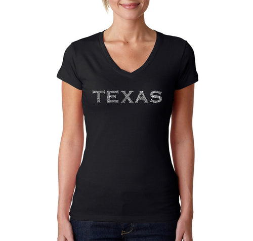 THE GREAT CITIES OF TEXAS - Women's Word Art V-Neck T-Shirt