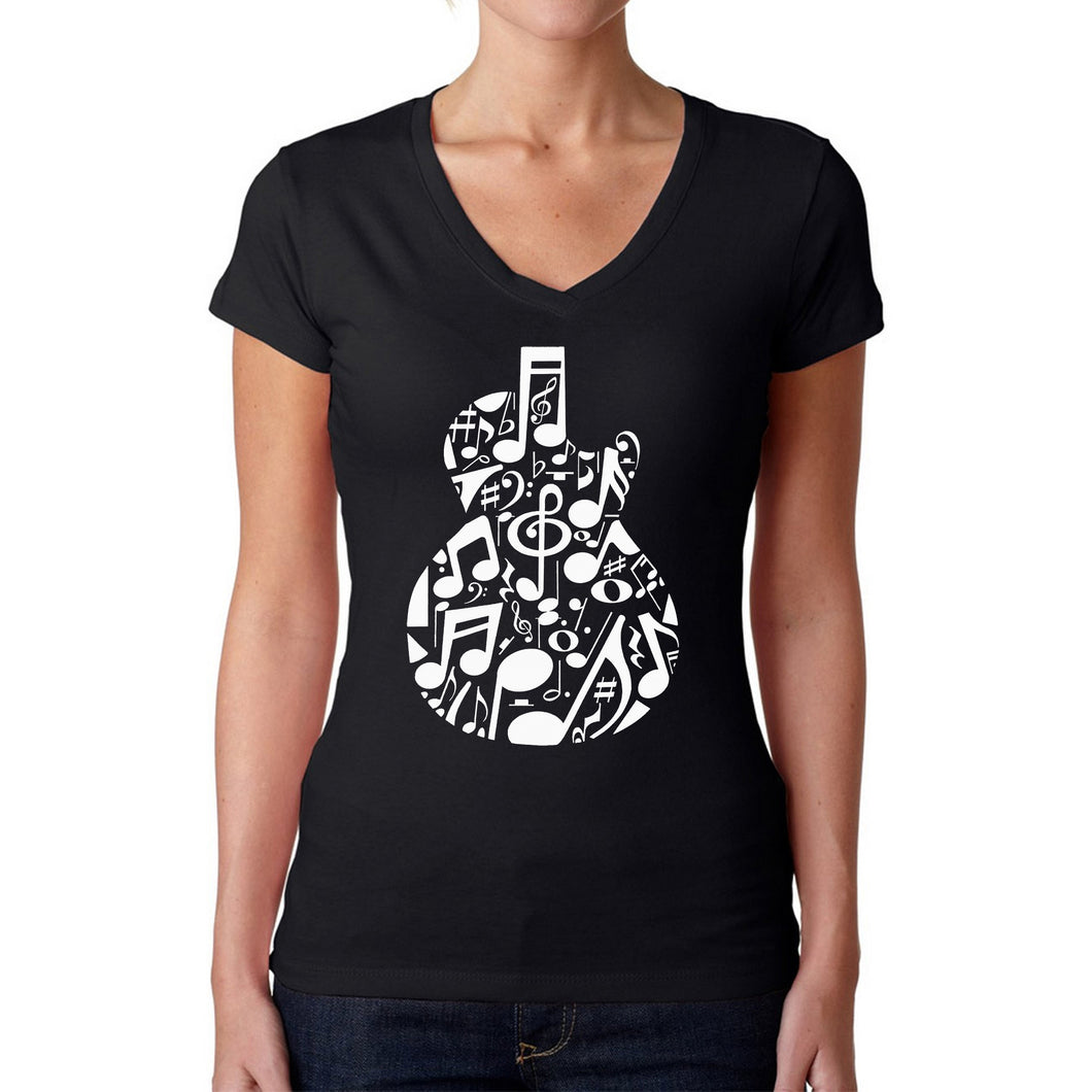 Music Notes Guitar - Women's Word Art V-Neck T-Shirt