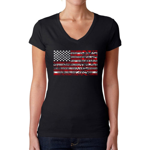 Women's Word Art V-Neck T-Shirt - Fireworks American Flag