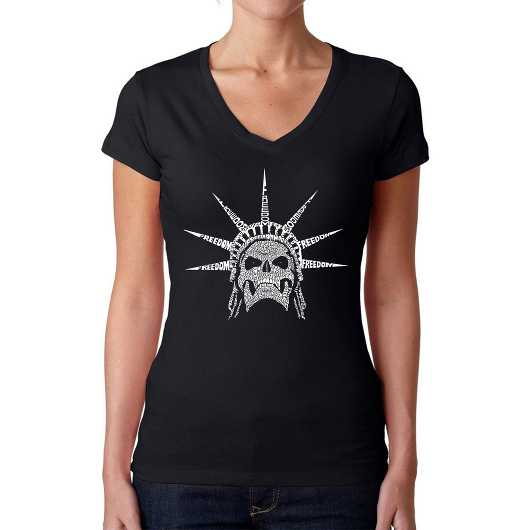 Freedom Skull  - Women's Word Art V-Neck T-Shirt