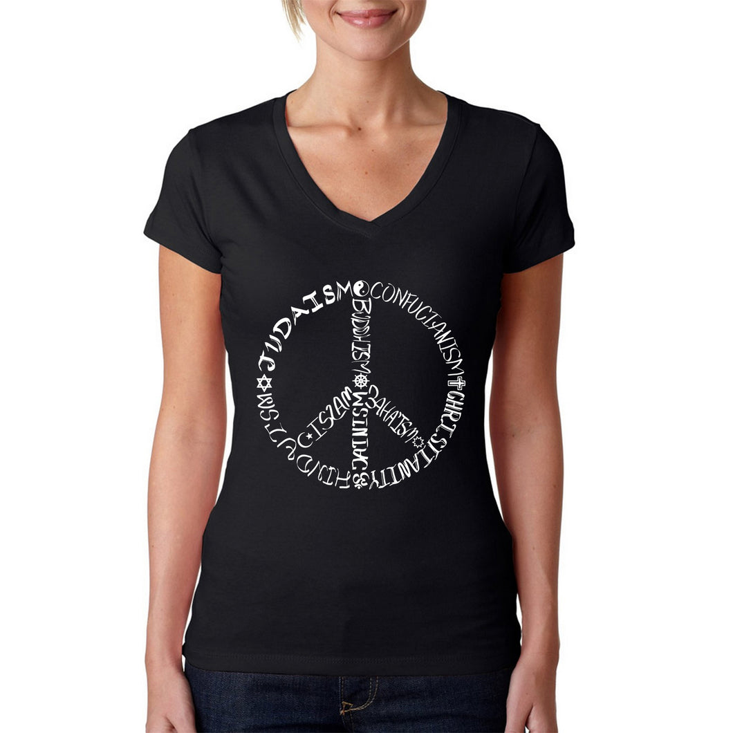 Different Faiths peace sign - Women's Word Art V-Neck T-Shirt