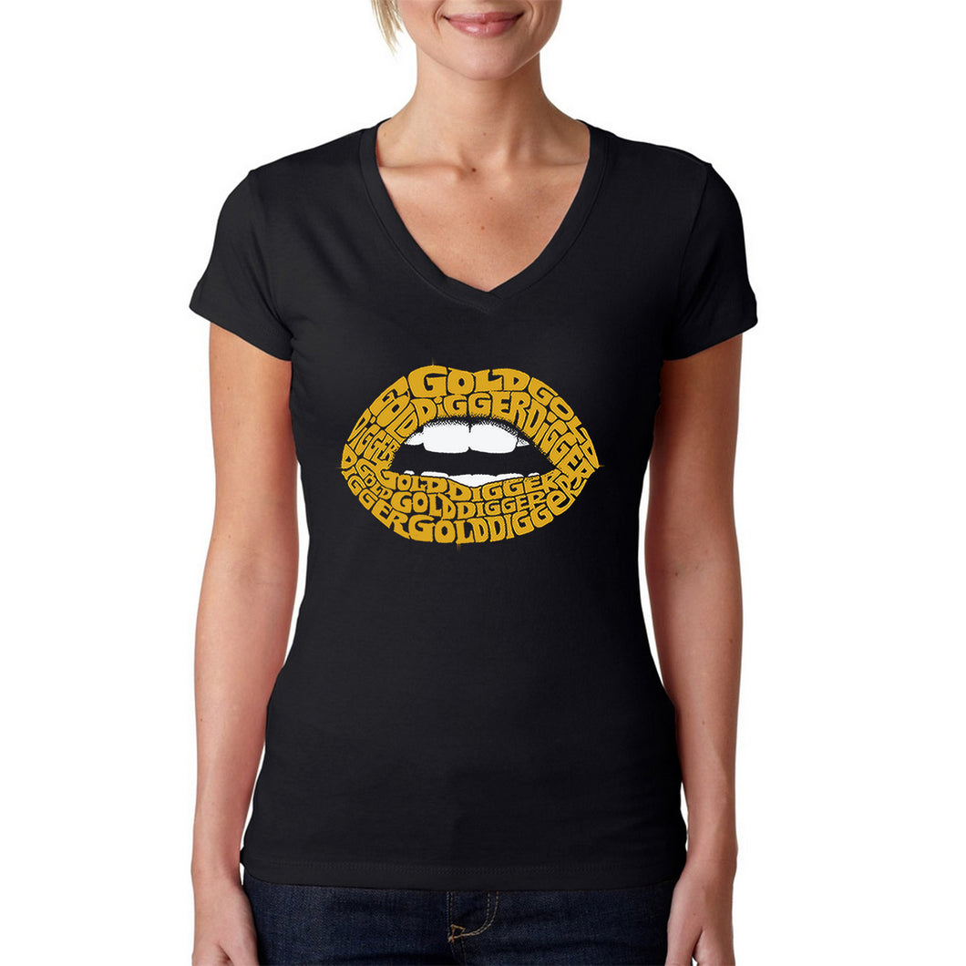 Gold Digger Lips - Women's Word Art V-Neck T-Shirt