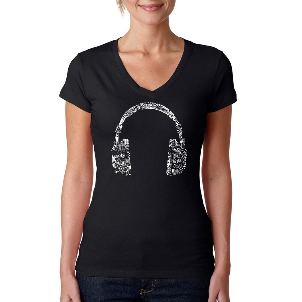 HEADPHONES - Women's Word Art V-Neck T-Shirt