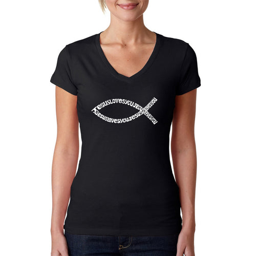 Jesus Loves You - Women's Word Art V-Neck T-Shirt