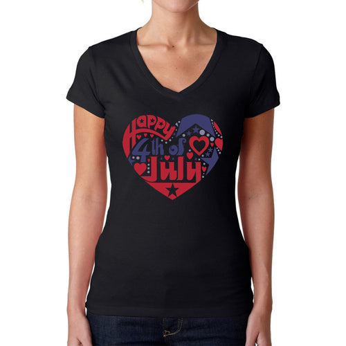 Women's Word Art V-Neck T-Shirt - July 4th Heart