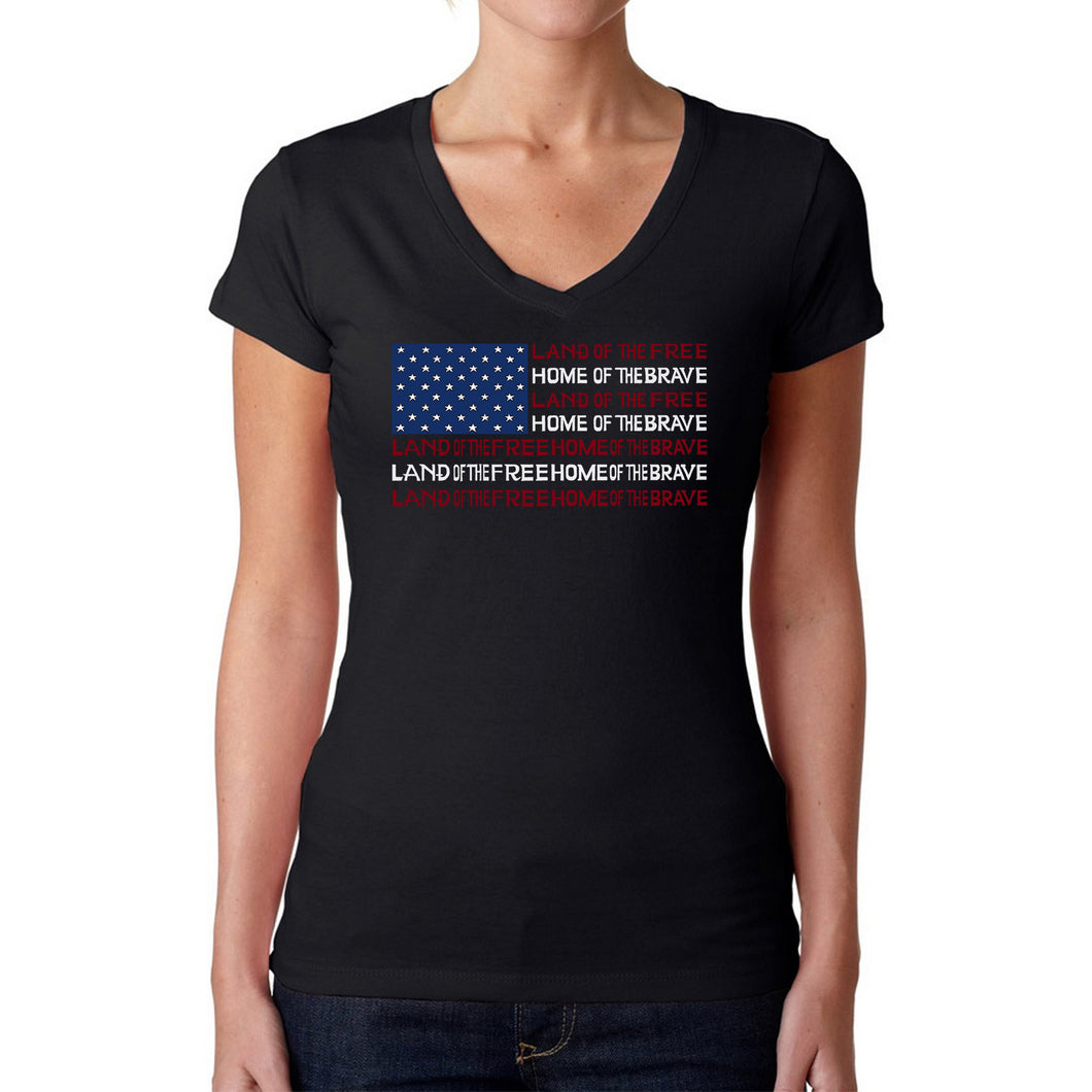 Land of the Free American Flag  - Women's Word Art V-Neck T-Shirt