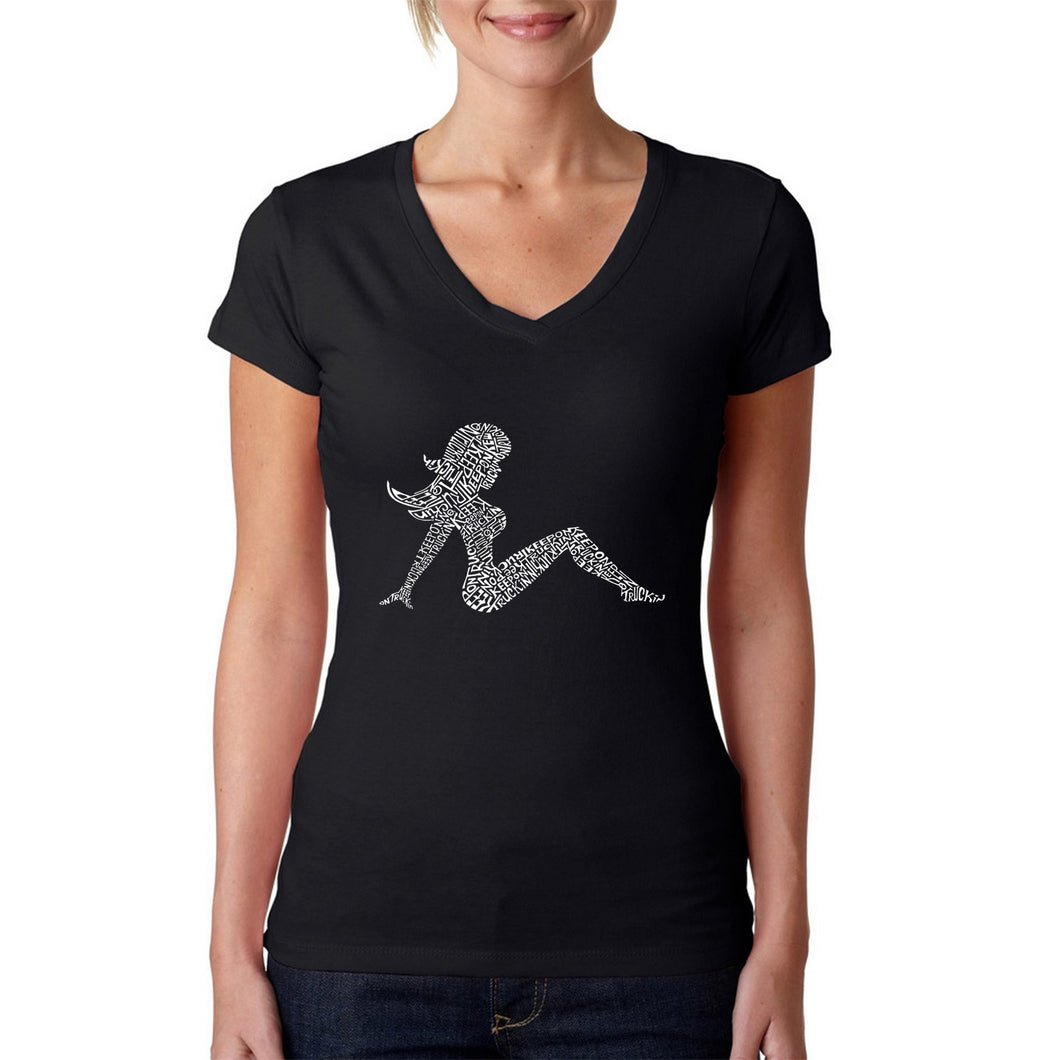 Mudflap Girl Keep on Truckin - Women's Word Art V-Neck T-Shirt