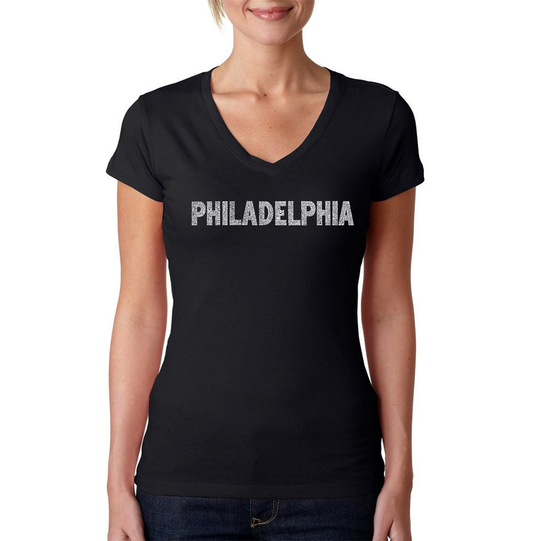 PHILADELPHIA NEIGHBORHOODS - Women's Word Art V-Neck T-Shirt