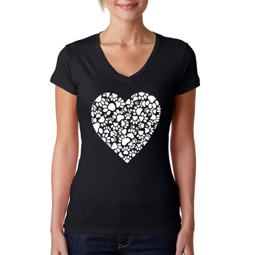 Paw Prints Heart  - Women's Word Art V-Neck T-Shirt
