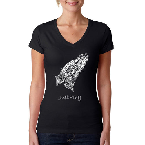 Prayer Hands - Women's Word Art V-Neck T-Shirt