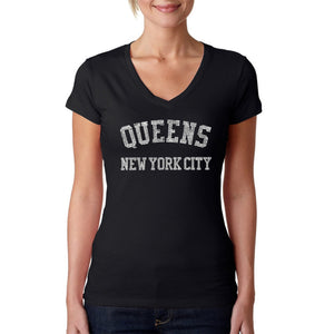 POPULAR NEIGHBORHOODS IN QUEENS, NY - Women's Word Art V-Neck T-Shirt