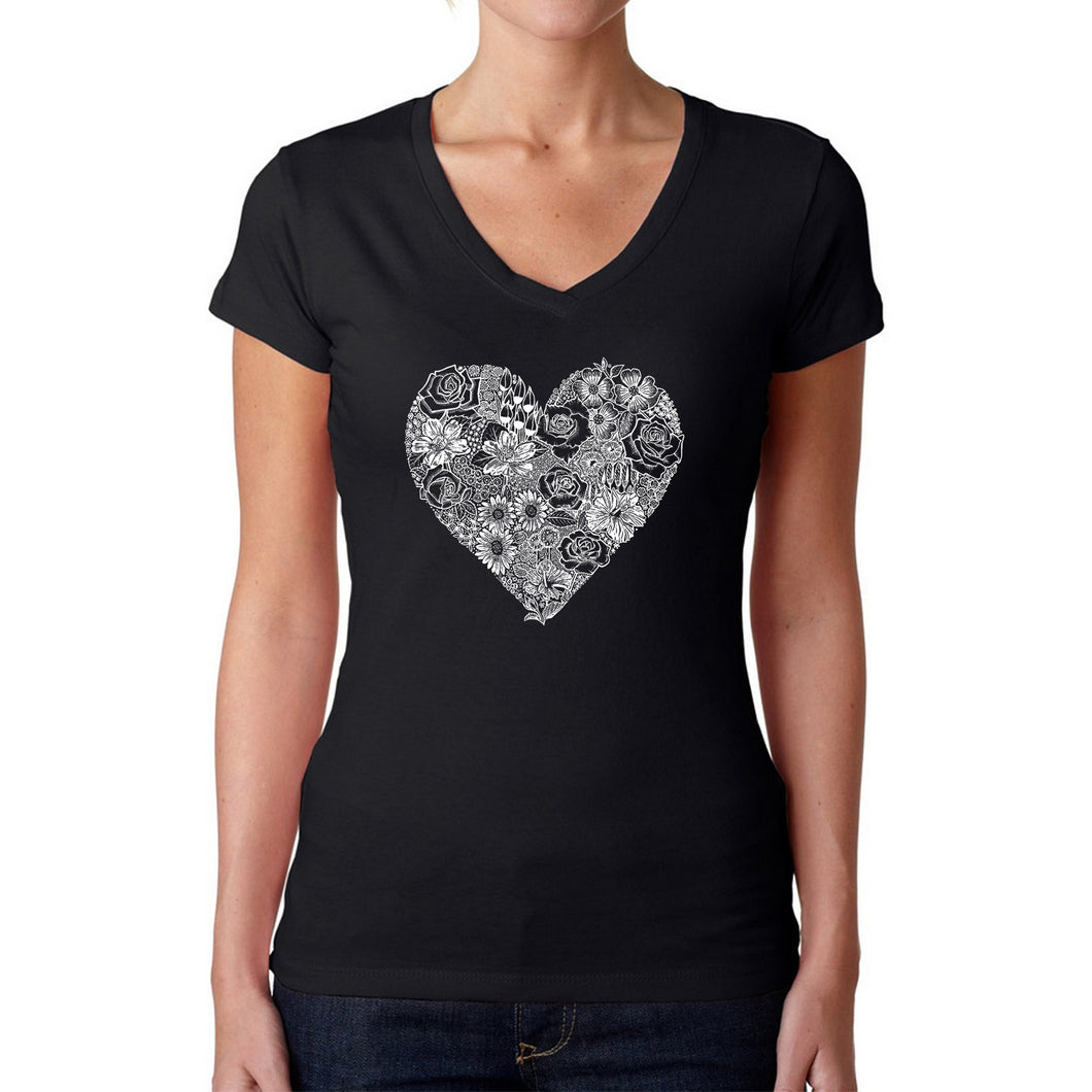 Heart Flowers  - Women's Word Art V-Neck T-Shirt
