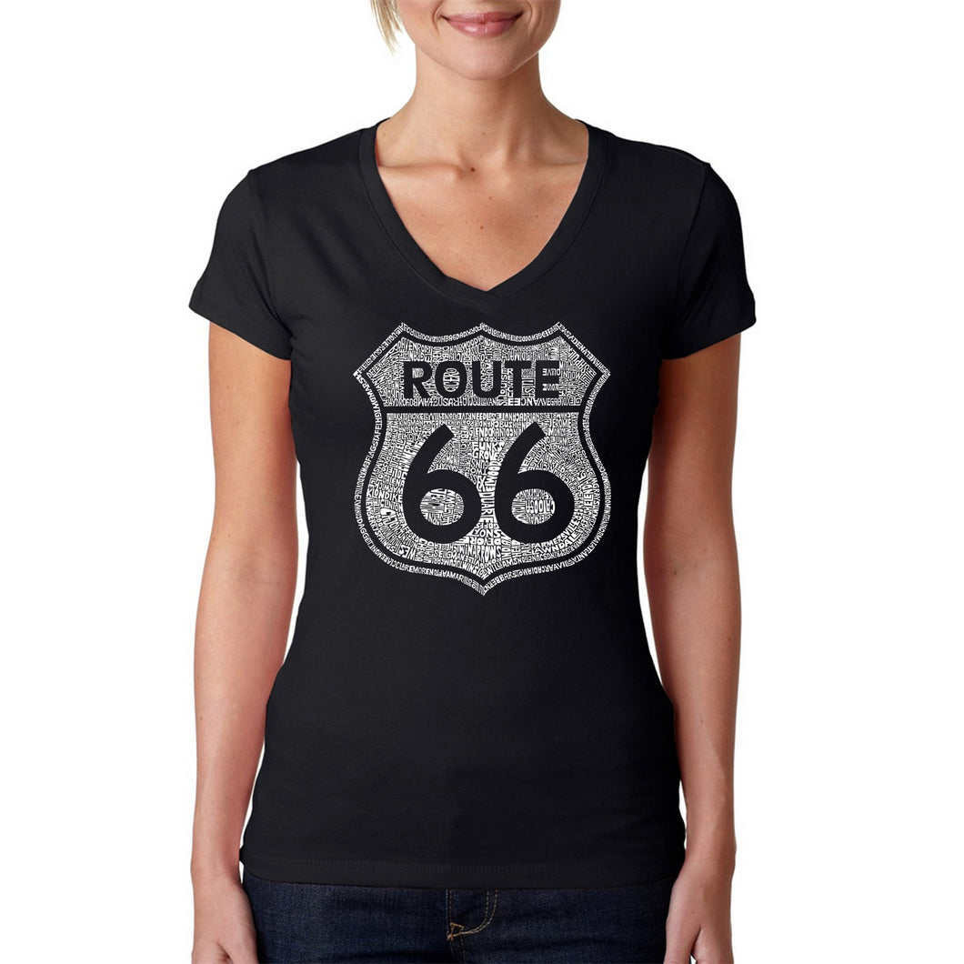 CITIES ALONG THE LEGENDARY ROUTE 66 - Women's Word Art V-Neck T-Shirt